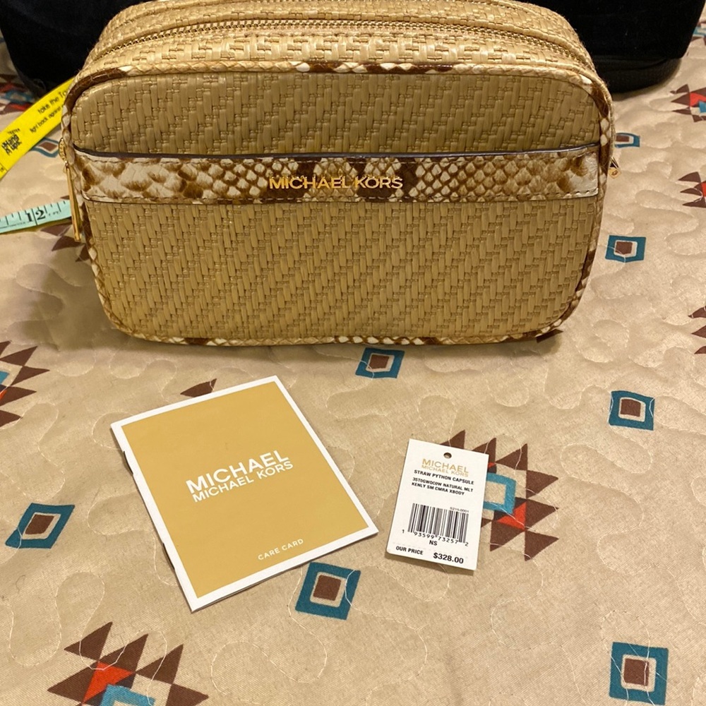 Michael Kors Collection Tan Woven Crossbody Bag with Gold Logo